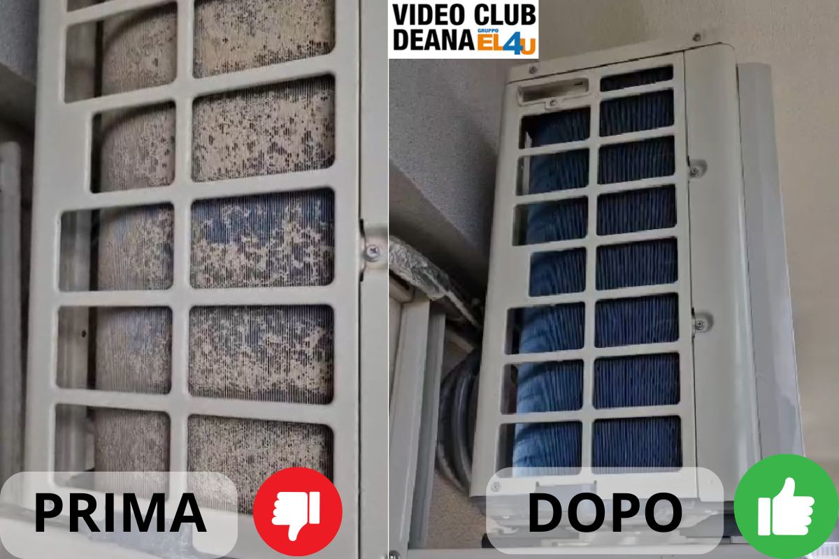 Confronto tra un'unità esterna di un condizionatore prima e dopo la sanificazione. A sinistra, il condizionatore è visibilmente sporco con accumuli di polvere e residui. A destra, il condizionatore è stato completamente pulito e sanificato, mostrando un aspetto brillante e privo di impurità. Il logo di Videoclub Deana Valter è posizionato in alto, mentre le etichette 'PRIMA' con un'icona pollice verso e 'DOPO' con un'icona pollice in su evidenziano il risultato del trattamento.