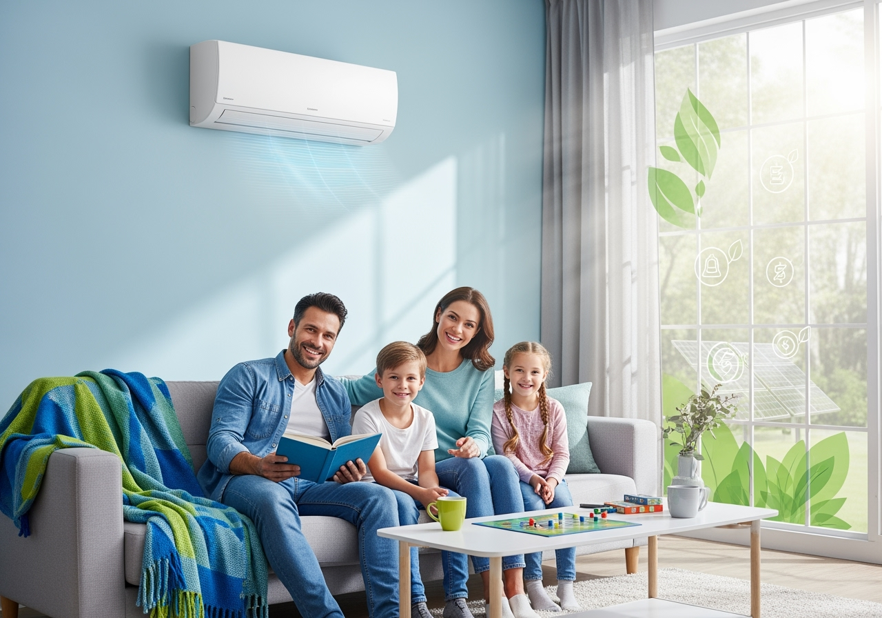 Famiglia felice in salotto moderno con condizionatore a pompa di calore installato da Videoclub Deana a Castions di Strada, simboli di efficienza energetica e comfort domestico.
